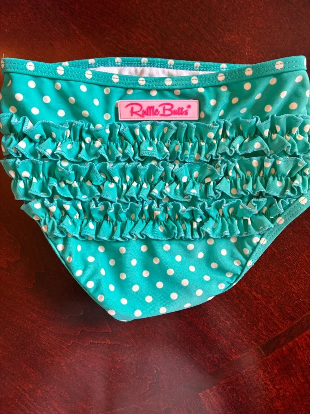 RuffleButts Girls Aqua Polka Dot Rash Guard 2PC Swimsuit Set Size 5 5T